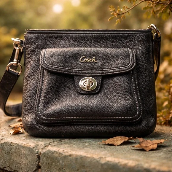 Coach Black Pebbled Leather Crossbody Bag Turnlock Pocket - Picture 1 of 10